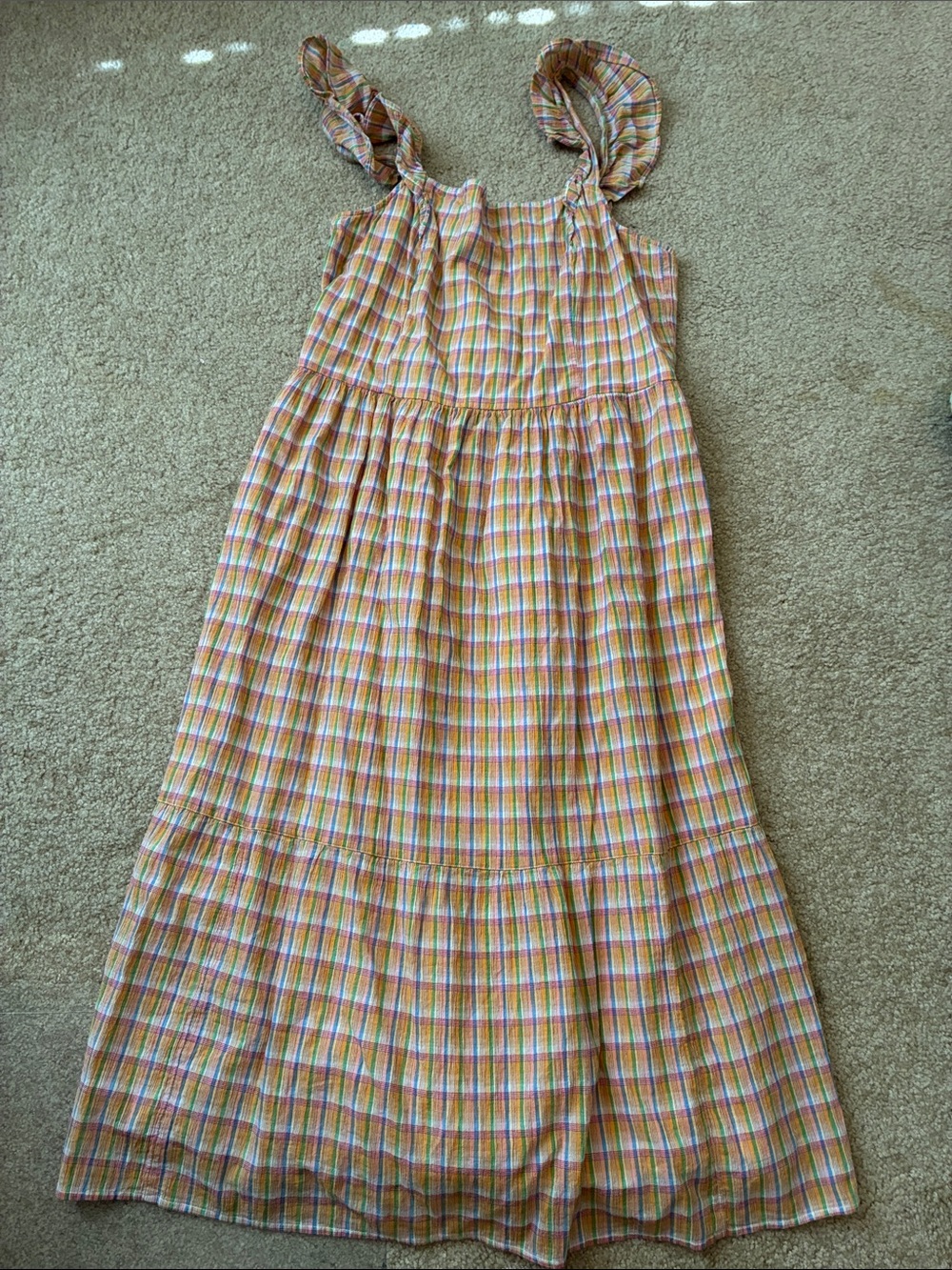 LOFT Yellow Plaid Midi Dress with Ruffle Straps